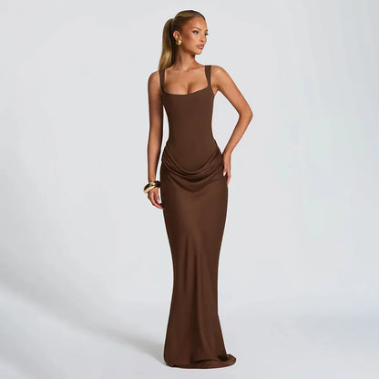 Robe Moulante Plissée Col Carré & Laçage Dos – Camisole Bodycon Élégante | Invitée Mariage Luxe