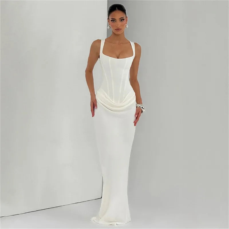 Robe Moulante Plissée Col Carré & Laçage Dos – Camisole Bodycon Élégante | Invitée Mariage Luxe