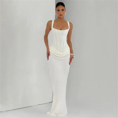 Robe Moulante Plissée Col Carré & Laçage Dos – Camisole Bodycon Élégante | Invitée Mariage Luxe