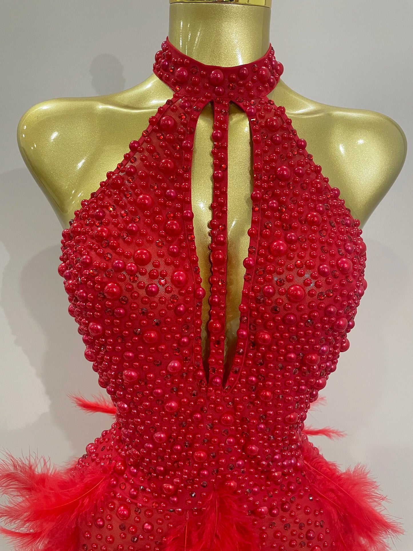 Robe Courte Luxe – Strass, Perles & Plumes | Halter Dos Nu | Gala, Anniversaire & Scène