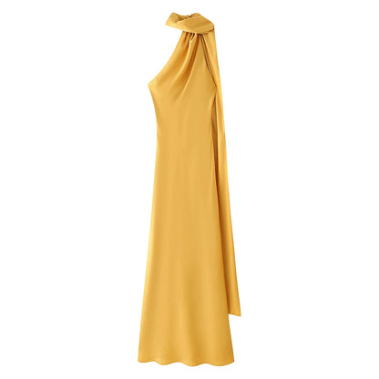 Robe Longue Satin de Soie Luxe – Col Halter, Dos Nu & Sans Manches | Gala & Cérémonie