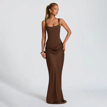 Robe Moulante Plissée Col Carré & Laçage Dos – Camisole Bodycon Élégante | Invitée Mariage Luxe