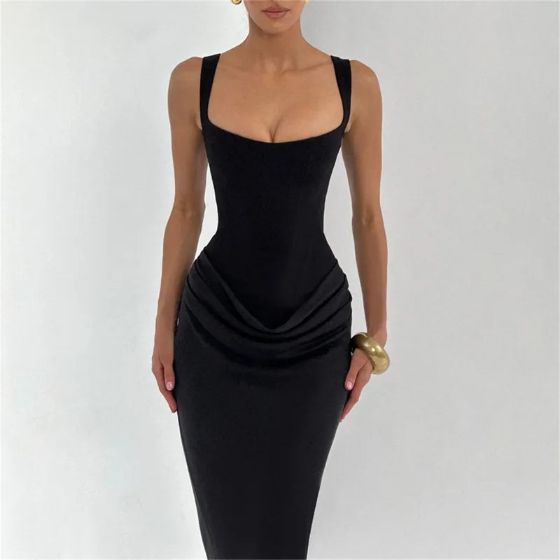 Robe Moulante Plissée Col Carré & Laçage Dos – Camisole Bodycon Élégante | Invitée Mariage Luxe