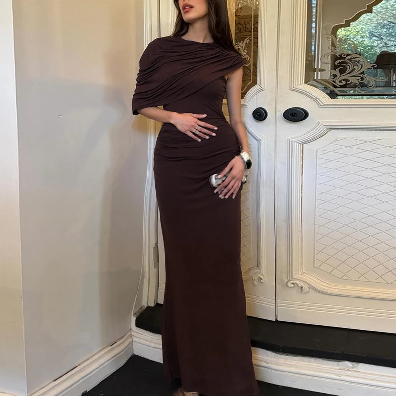 Robe Maxi Col Roulé Drapée Épaule Asymmétrique