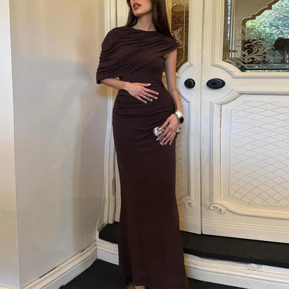 Robe Maxi Col Roulé Drapée Épaule Asymmétrique