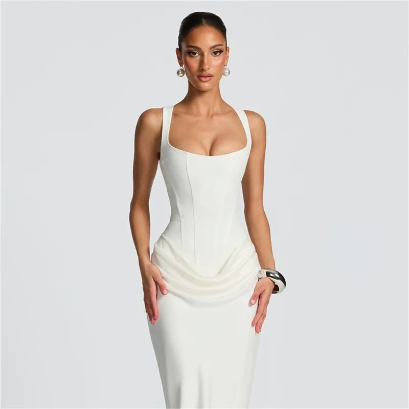 Robe Moulante Plissée Col Carré & Laçage Dos – Camisole Bodycon Élégante | Invitée Mariage Luxe