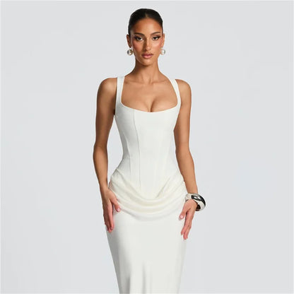 Robe Moulante Plissée Col Carré & Laçage Dos – Camisole Bodycon Élégante | Invitée Mariage Luxe