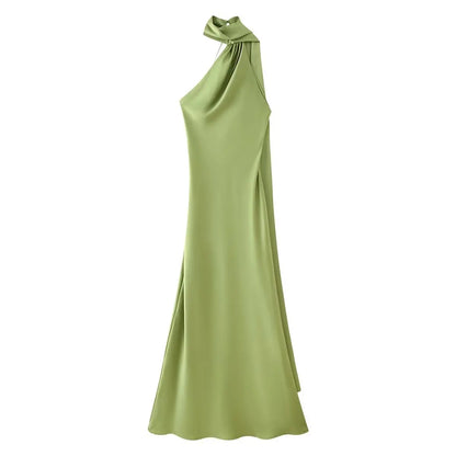 Robe Longue Satin de Soie Luxe – Col Halter, Dos Nu & Sans Manches | Gala & Cérémonie