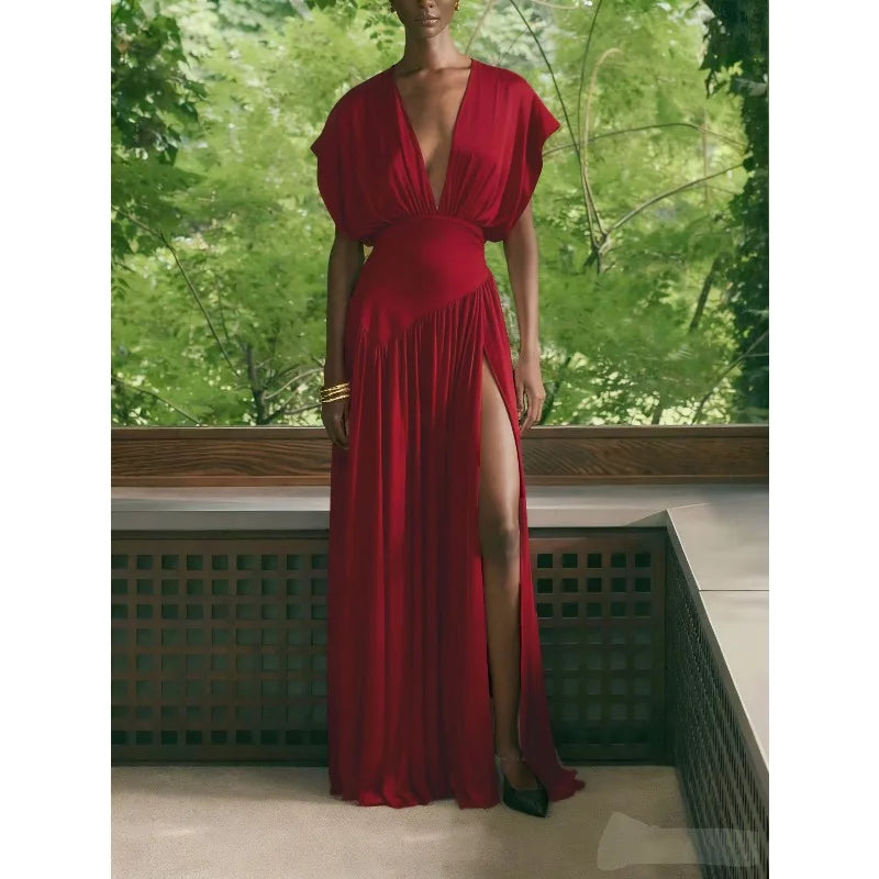 Robe Longue Élégante en Satin – Col V Plongeant, Fente Haute & Fluide | Invitée Mariage Luxe 2026
