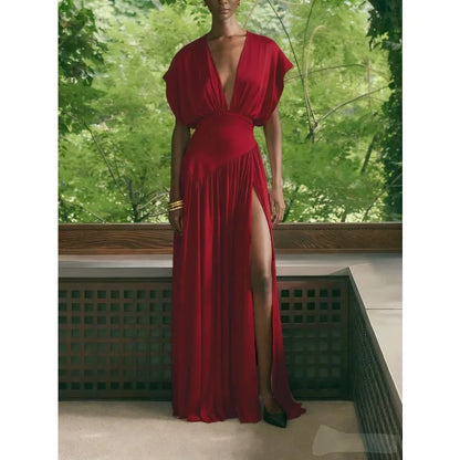 Robe Longue Élégante en Satin – Col V Plongeant, Fente Haute & Fluide | Invitée Mariage Luxe 2026