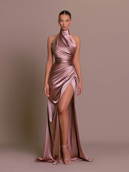 Robe de Soirée Longue Halter Dos Nu & Fente Haute – Bodycon Asymmétrique Luxe