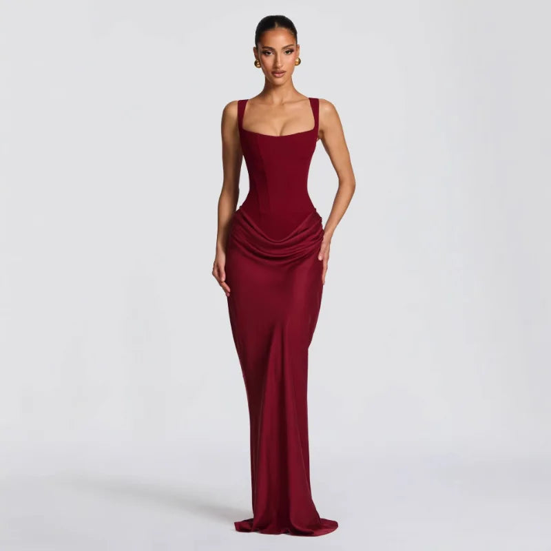 Robe Moulante Plissée Col Carré & Laçage Dos – Camisole Bodycon Élégante | Invitée Mariage Luxe