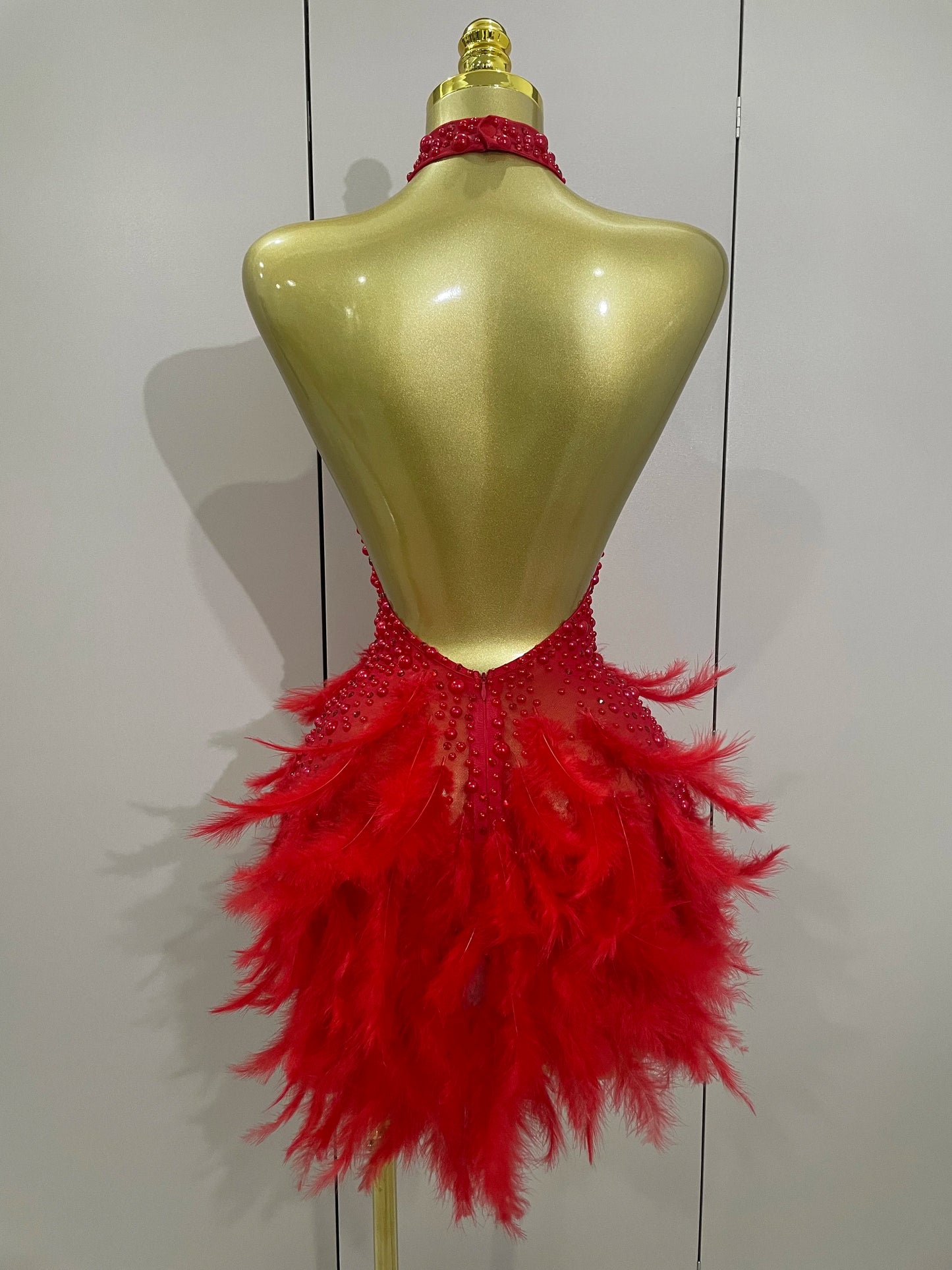 Robe Courte Luxe – Strass, Perles & Plumes | Halter Dos Nu | Gala, Anniversaire & Scène