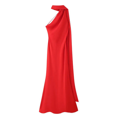 Robe Longue Satin de Soie Luxe – Col Halter, Dos Nu & Sans Manches | Gala & Cérémonie