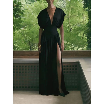 Robe Longue Élégante en Satin – Col V Plongeant, Fente Haute & Fluide | Invitée Mariage Luxe 2026