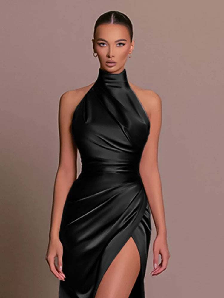Robe de Soirée Longue Halter Dos Nu & Fente Haute – Bodycon Asymmétrique Luxe