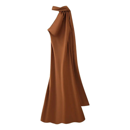 Robe Longue Satin de Soie Luxe – Col Halter, Dos Nu & Sans Manches | Gala & Cérémonie