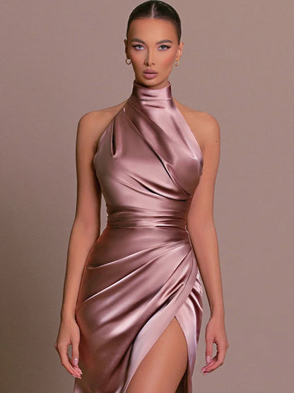 Robe de Soirée Longue Halter Dos Nu & Fente Haute – Bodycon Asymmétrique Luxe