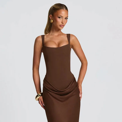 Robe Moulante Plissée Col Carré & Laçage Dos – Camisole Bodycon Élégante | Invitée Mariage Luxe