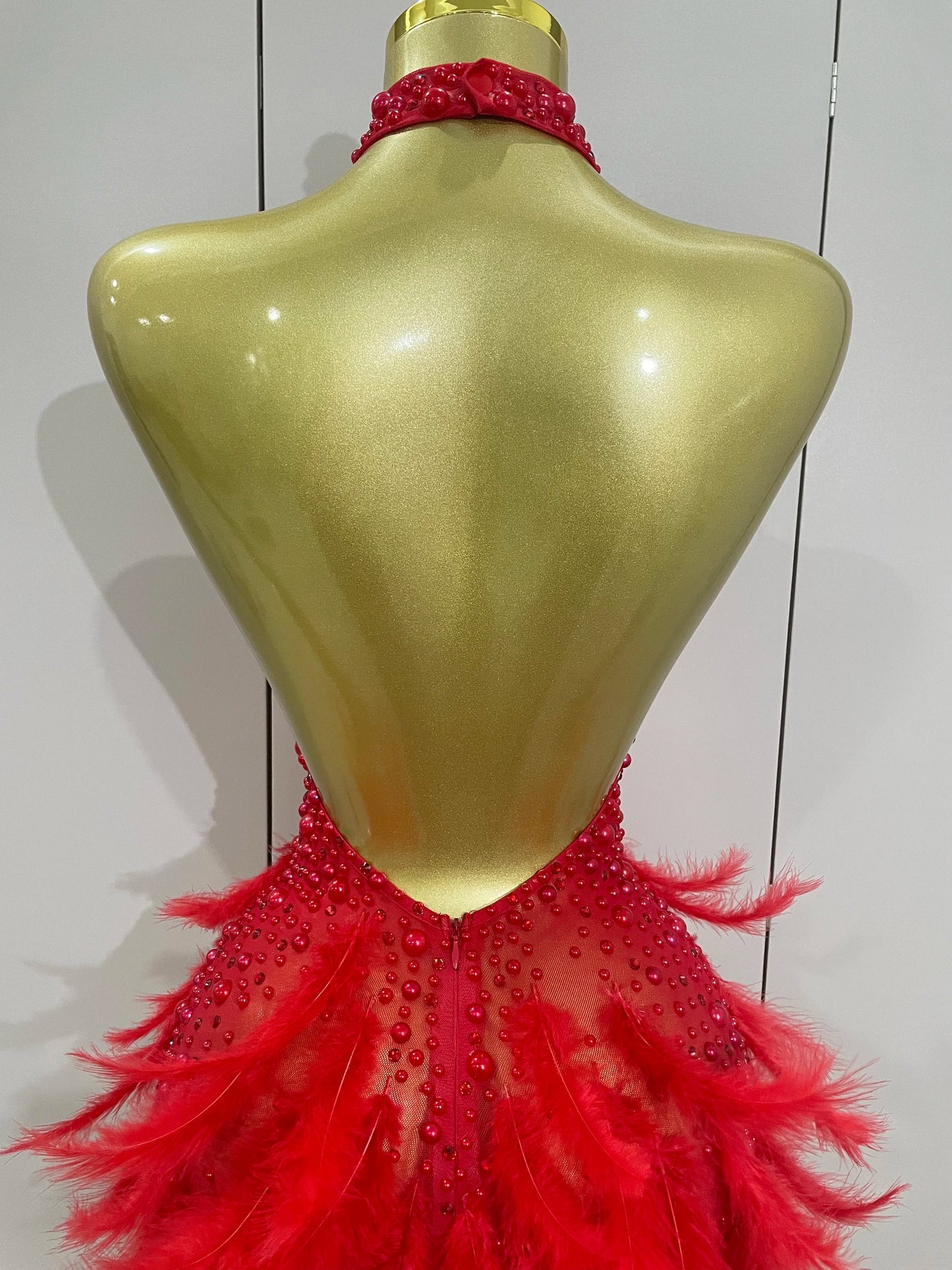 Robe Courte Luxe – Strass, Perles & Plumes | Halter Dos Nu | Gala, Anniversaire & Scène