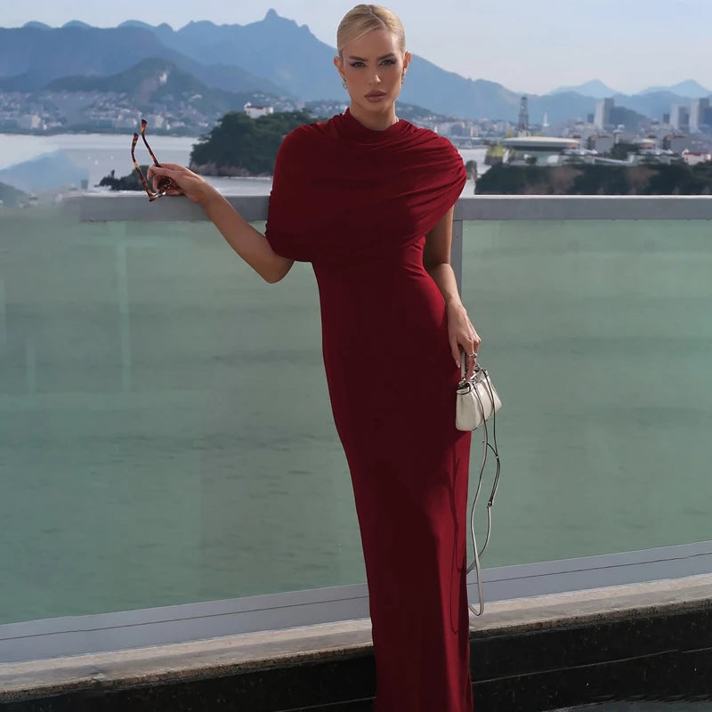 Robe Maxi Col Roulé Drapée Épaule Asymmétrique