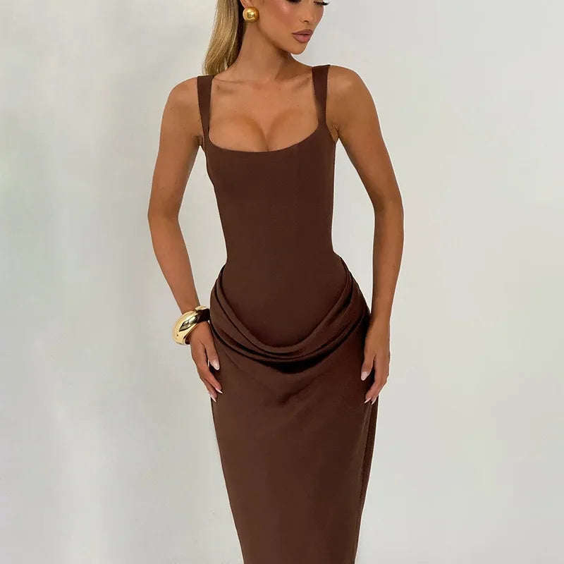 Robe Moulante Plissée Col Carré & Laçage Dos – Camisole Bodycon Élégante | Invitée Mariage Luxe