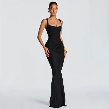 Robe Moulante Plissée Col Carré & Laçage Dos – Camisole Bodycon Élégante | Invitée Mariage Luxe
