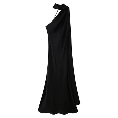 Robe Longue Satin de Soie Luxe – Col Halter, Dos Nu & Sans Manches | Gala & Cérémonie