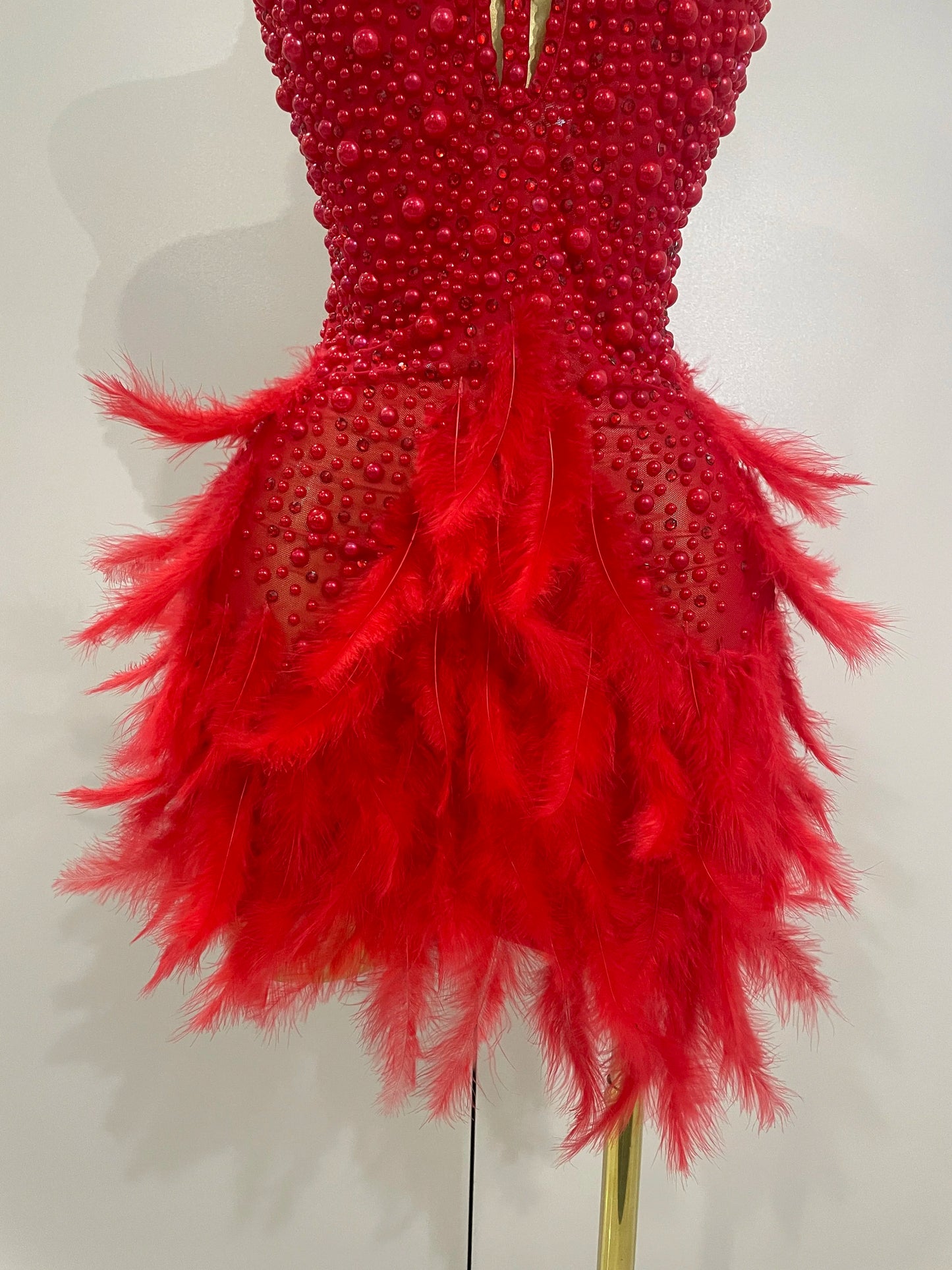Robe Courte Luxe – Strass, Perles & Plumes | Halter Dos Nu | Gala, Anniversaire & Scène