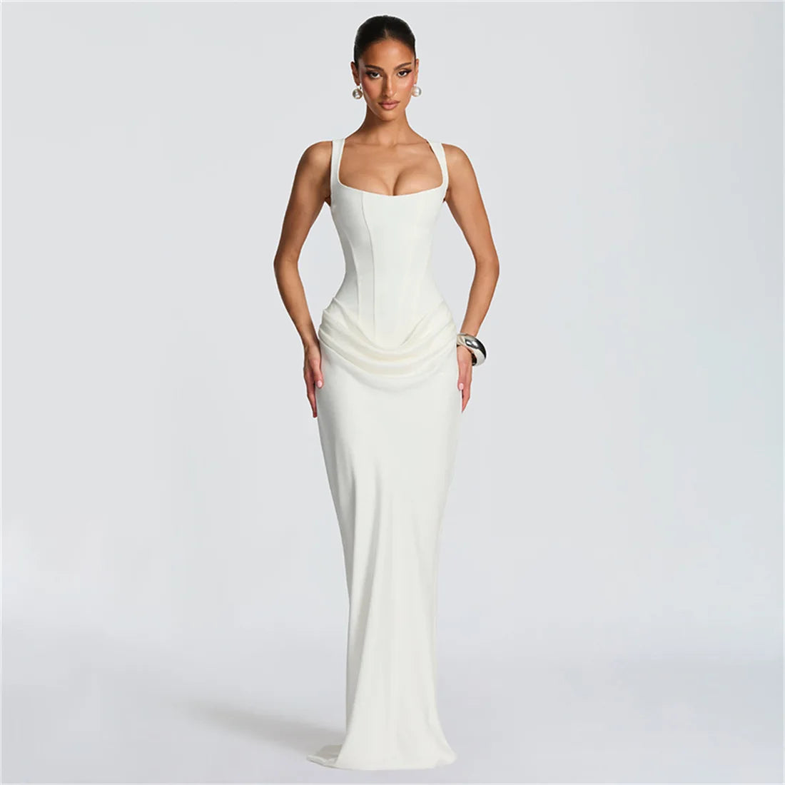 Robe Moulante Plissée Col Carré & Laçage Dos – Camisole Bodycon Élégante | Invitée Mariage Luxe