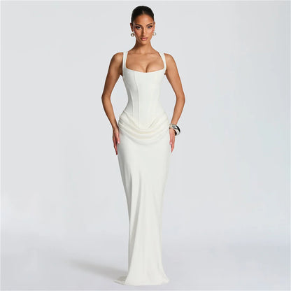 Robe Moulante Plissée Col Carré & Laçage Dos – Camisole Bodycon Élégante | Invitée Mariage Luxe