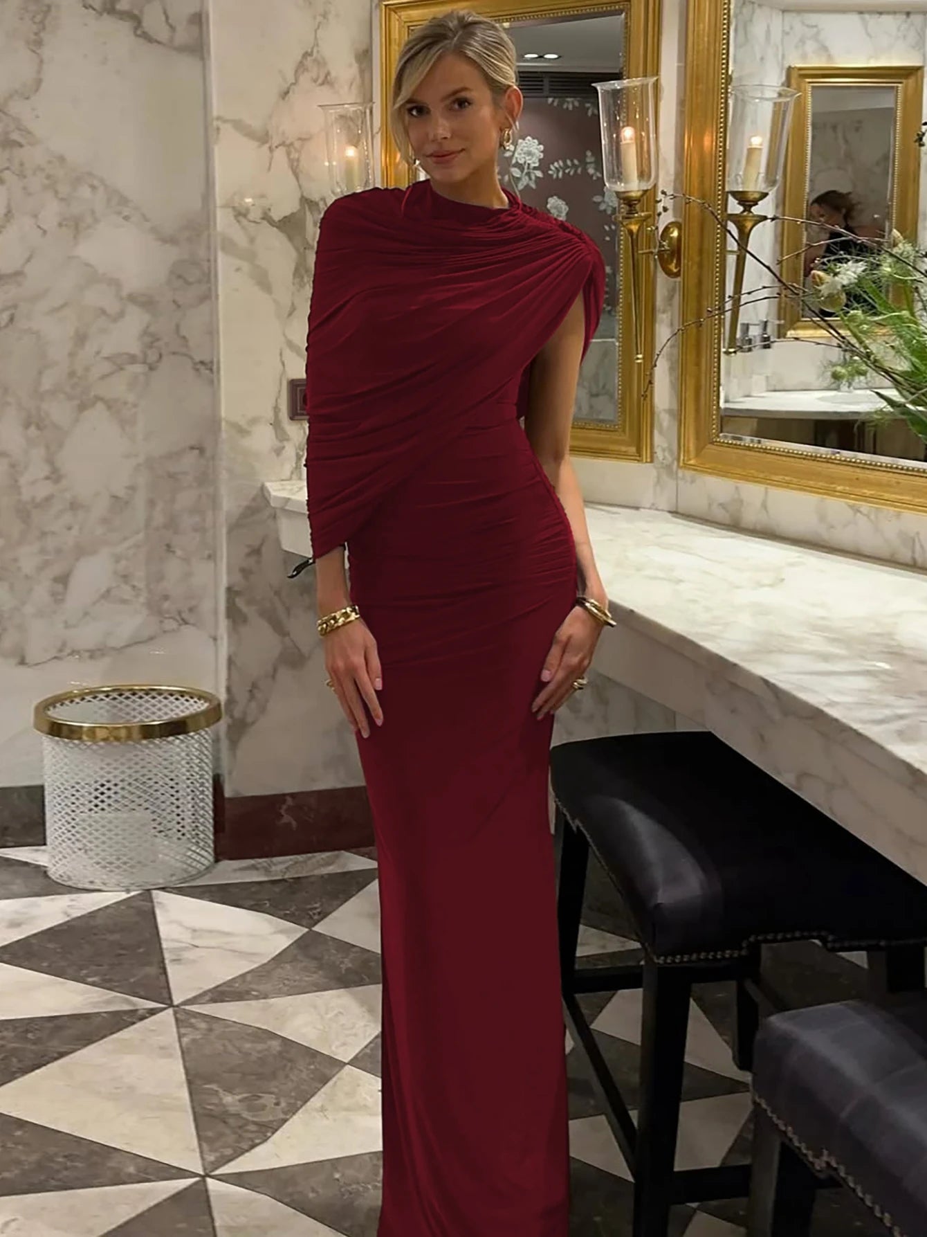 Robe Maxi Col Roulé Drapée Épaule Asymmétrique