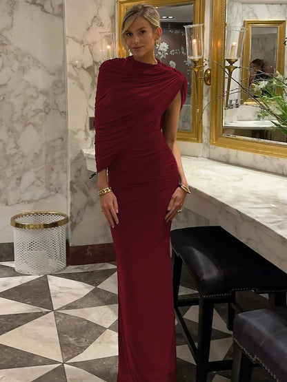 Robe Maxi Col Roulé Drapée Épaule Asymmétrique