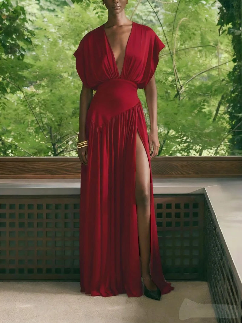 Robe Longue Élégante en Satin – Col V Plongeant, Fente Haute & Fluide | Invitée Mariage Luxe 2026