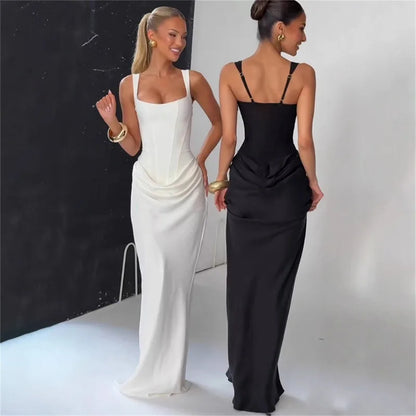 Robe Moulante Plissée Col Carré & Laçage Dos – Camisole Bodycon Élégante | Invitée Mariage Luxe
