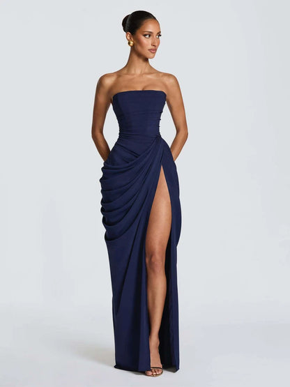 Robe Longue Sirène en Satin Froncé – Épaule Asymmétrique & Découpe | Coupe Slim Luxe 2026