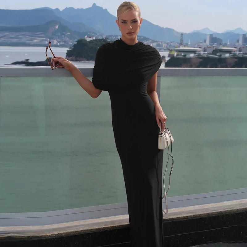 Robe Maxi Col Roulé Drapée Épaule Asymmétrique