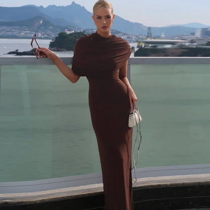 Robe Maxi Col Roulé Drapée Épaule Asymmétrique