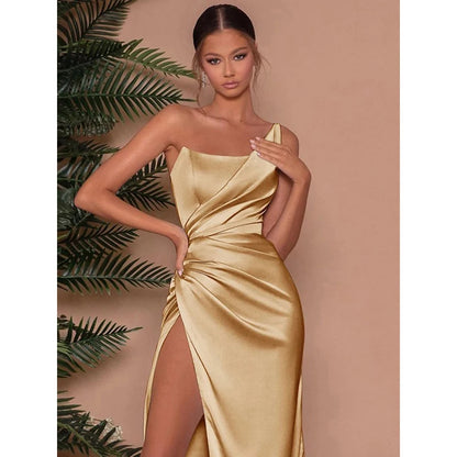 Robe Bustier Élégante en Satin – Bretelles Spaghetti, Col Asymmétrique & Coupe Slim