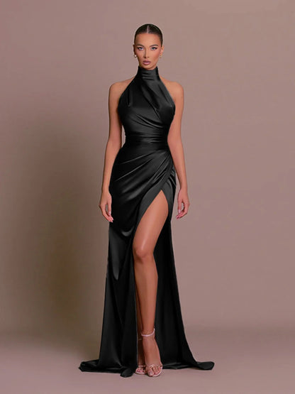 Robe de Soirée Longue Halter Dos Nu & Fente Haute – Bodycon Asymmétrique Luxe