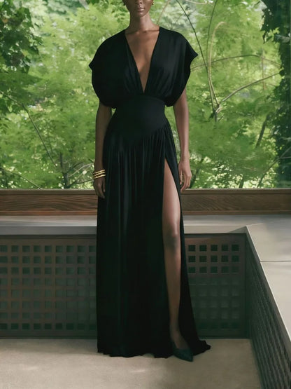Robe Longue Élégante en Satin – Col V Plongeant, Fente Haute & Fluide | Invitée Mariage Luxe 2026