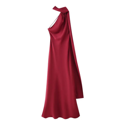 Robe Longue Satin de Soie Luxe – Col Halter, Dos Nu & Sans Manches | Gala & Cérémonie