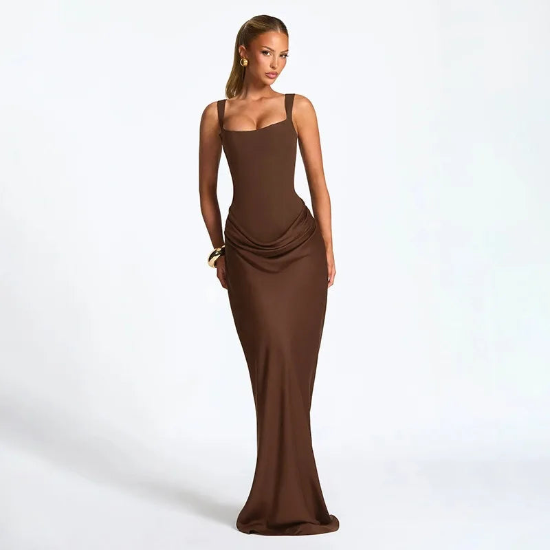 Robe Moulante Plissée Col Carré & Laçage Dos – Camisole Bodycon Élégante | Invitée Mariage Luxe
