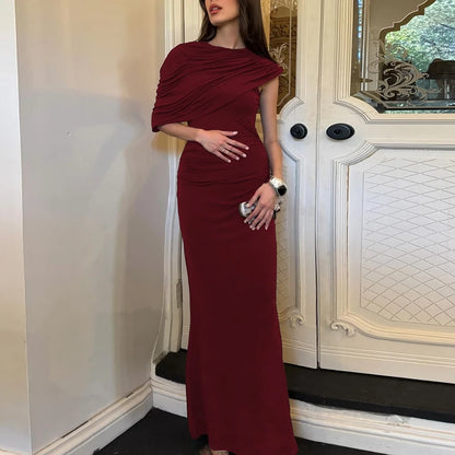 Robe Maxi Col Roulé Drapée Épaule Asymmétrique