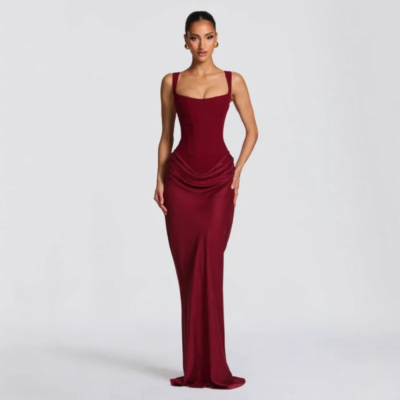 Robe Moulante Plissée Col Carré & Laçage Dos – Camisole Bodycon Élégante | Invitée Mariage Luxe