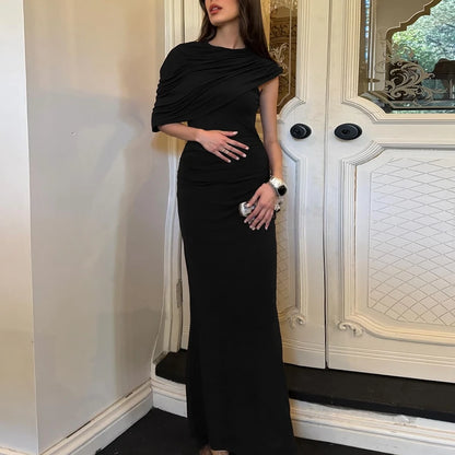 Robe Maxi Col Roulé Drapée Épaule Asymmétrique