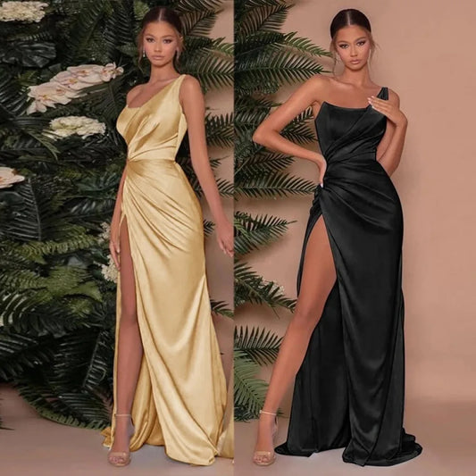 Robe Bustier Élégante en Satin – Bretelles Spaghetti, Col Asymmétrique & Coupe Slim