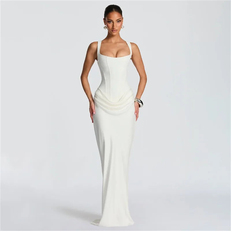 Robe Moulante Plissée Col Carré & Laçage Dos – Camisole Bodycon Élégante | Invitée Mariage Luxe