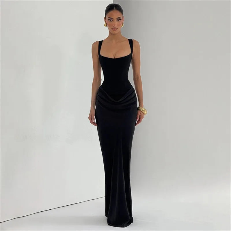 Robe Moulante Plissée Col Carré & Laçage Dos – Camisole Bodycon Élégante | Invitée Mariage Luxe