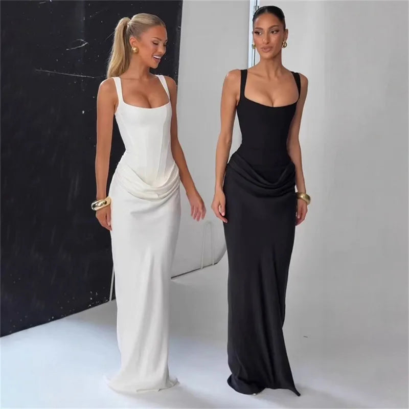 Robe Moulante Plissée Col Carré & Laçage Dos – Camisole Bodycon Élégante | Invitée Mariage Luxe